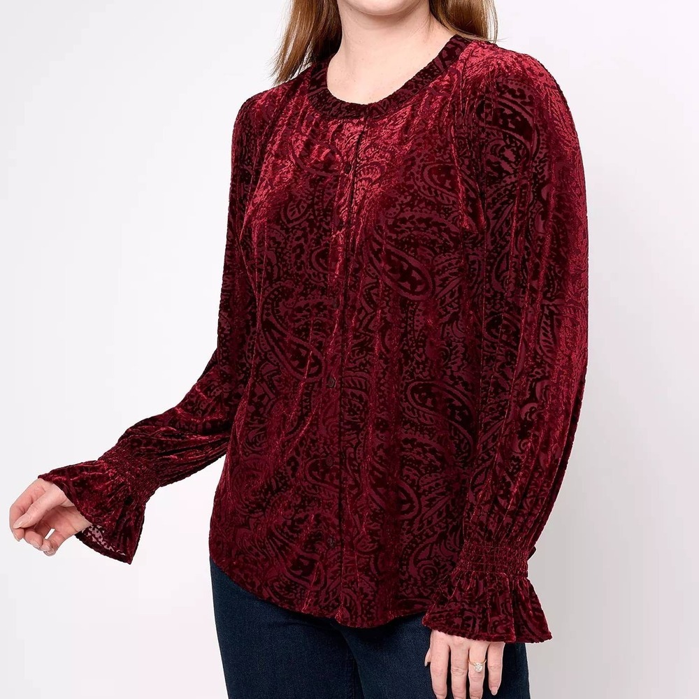Isaac Mizrahiโ Live Velvet Burnout Blouse Size 4 Burgundy Paisley Smocked Cuffs